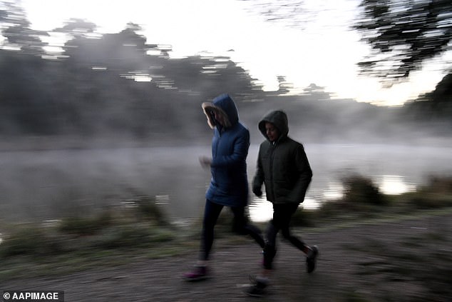 Pictured here, two early morning walkers brave the cold weather at Birdsland reserve in Belgrave South, east of Melbourne.