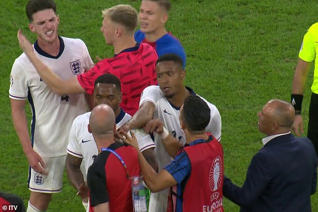 Calzona had previously been involved in a post-match argument with England star Declan Rice (left).