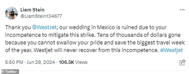 Liam Stein also claimed that his wedding in Mexico was ruined by flight cancellations