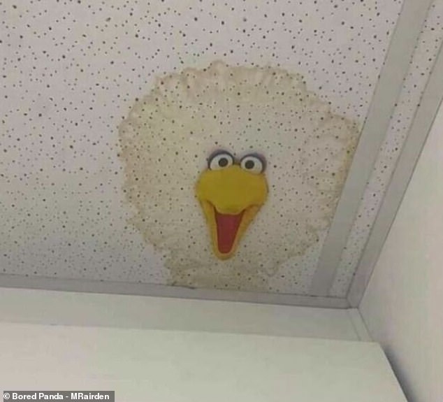 Instead of tackling the wet spot in the traditional way, one UK office added an image of Big Bird from the Muppets.