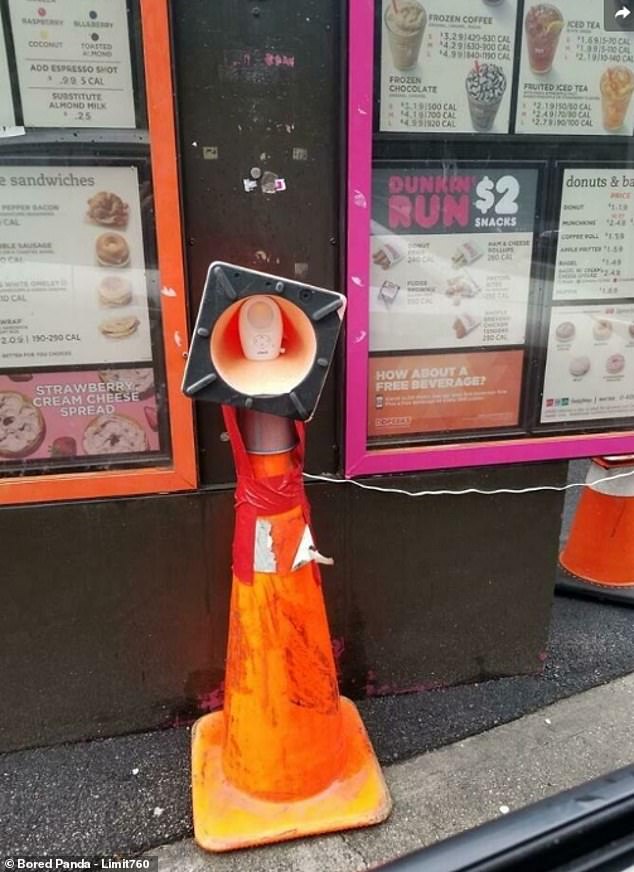 Even the most popular fast food chains sometimes have to improvise. This US Dunkin' Donuts added a baby monitor when the Drive Thru speakers weren't working