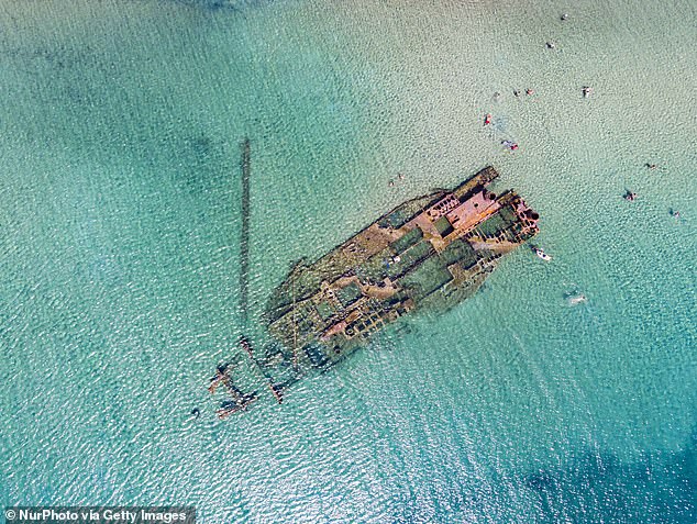 The man, 33, was swimming at the Epanomi shipwreck attraction in Thessaloniki when he reportedly got into trouble. Archive image shows the Epanomi shipwreck