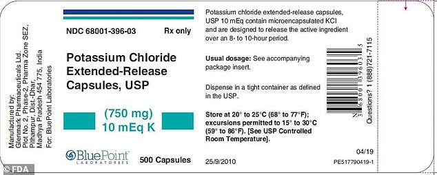 Pictured: The label found on the 500-capsule bottle of the recalled blood pressure medication bearing the BluePoint Laboratories brand.