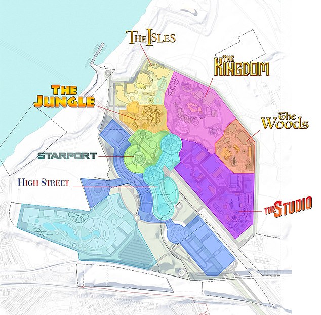 A map that proposes the design of the theme park, whose construction seems increasingly unlikely