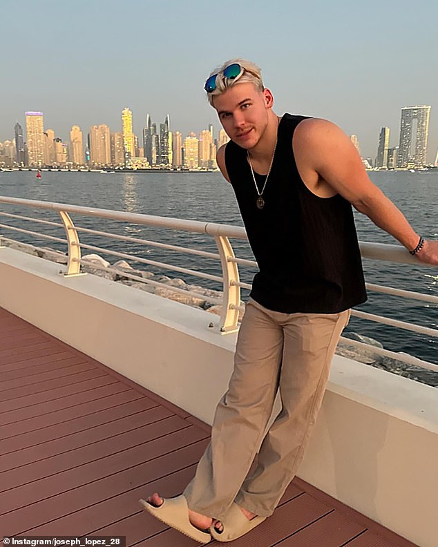 The social media influencer left the military nine months ago and became a mental health advocate. Pictured: Lopez appears in Dubai in an Instagram post, uploaded on May 27