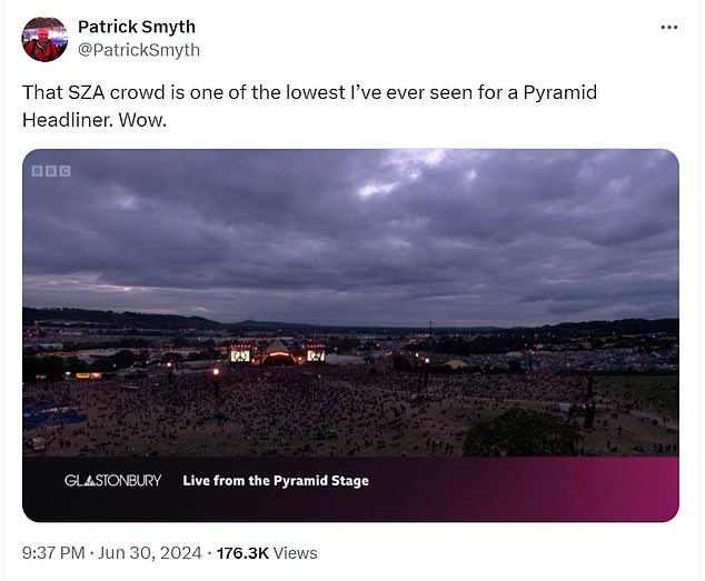 SZA's show also struggled to attract the huge crowds seen during Coldplay's headline concert the night before, with the small numbers being noticeable in the BBC's coverage.