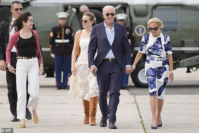 Joe and Jill brought their granddaughters Natalie and Finnegan Biden to attend a fundraiser in Hampton on Saturday, where the president used a teleprompter when he spoke to donors at hedge fund manager Barry Rosenstein's beach house.