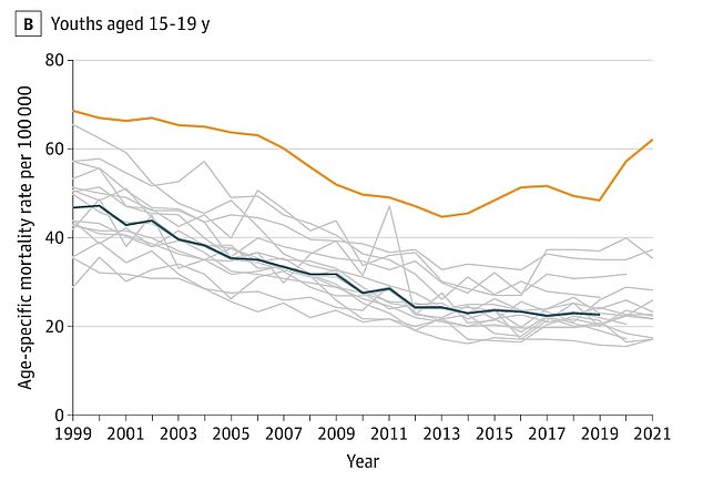 The above shows the mortality rate for 15- to 19-year-olds in the US (orange line) compared to 16 countries (gray lines) and the average for those countries (dark blue line).