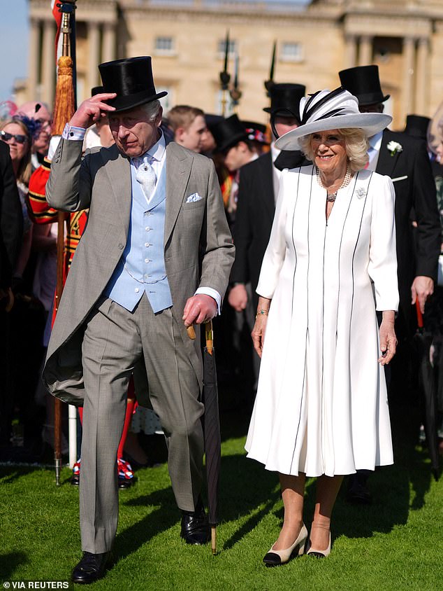 The King and Queen at the Buckingham Palace garden party on May 8, which Tony missed