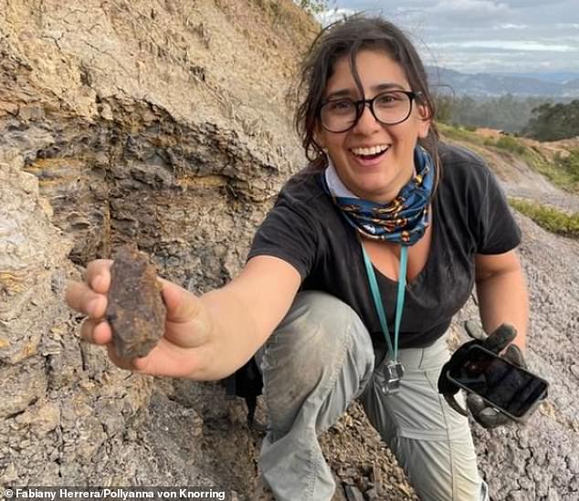 Monica Carvalho, co-author of the article, holds the fossil of the oldest grape seed found in the Western Hemisphere