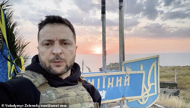 Ukrainian President Volodymyr Zelensky visits Zmiiny (Snake) Island to pay tribute to defenders on the 500th day of Vladimir Putin's war against his country.