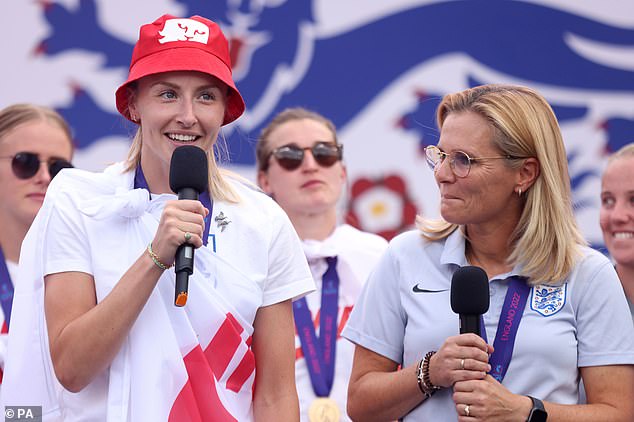 Leah Williamson and England manager Sarina Wiegman on stage during a fan celebration to mark England's historic UEFA Women's EURO 2022 triumph