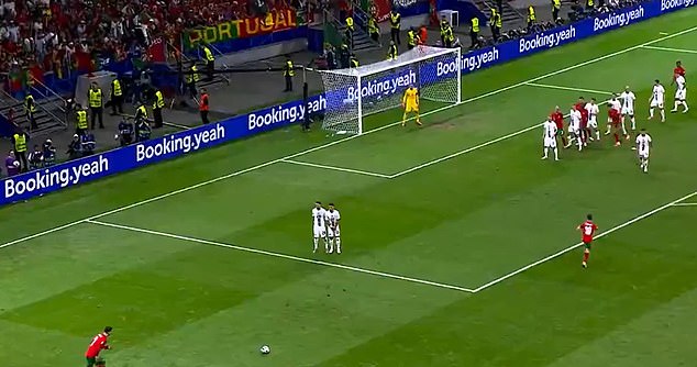 Ronaldo (bottom left) attempted to score with a free kick from an unlikely angle.