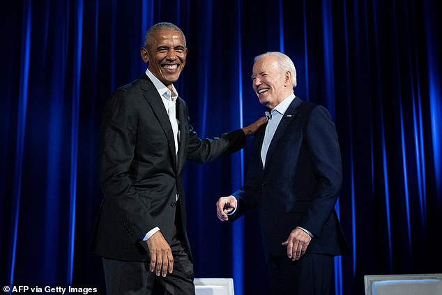 President Barack Obama (left) smiles alongside President Joe Biden (right) during their fundraiser at Radio City Music Hall in late March. Tucker Carlson insists Obama isn't as much of a Joe supporter as he appears