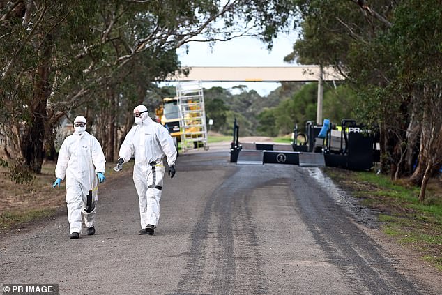 Avian flu has been confirmed on two egg farms in New South Wales and eight in Victoria, prompting more than a million birds to be culled in an attempt to stem the outbreak (pictured: health officials on a farm in Victoria)