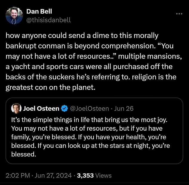 1719879777 64 Billionaire televangelist Joel Osteen comes under fire for tweeting to