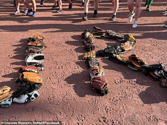 In an emotional tribute Monday, players at the Oneonta baseball field where James had played Sunday placed their gloves with his initials: JR