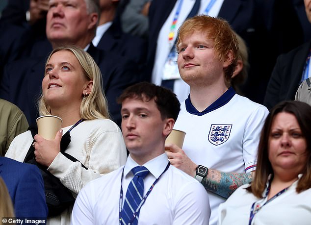 As millions at home prepared to cheer on England, Sheeran joined family and friends of the team in Gelsenkirchen to watch the tense match unfold.