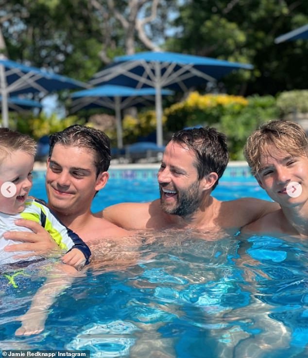 Jamie pictured with his sons Charles, 19, and Beau, 14, from his marriage to Louise and youngest son Raphael, two.