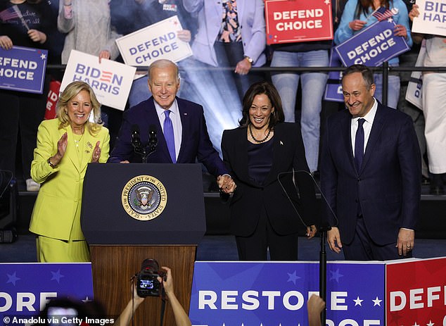 President Joe Biden, First Lady Jill Biden, Vice President Kamala Harris and Second Gentleman Doug Emhoff attend a campaign rally for reproductive freedom in Virginia in January.