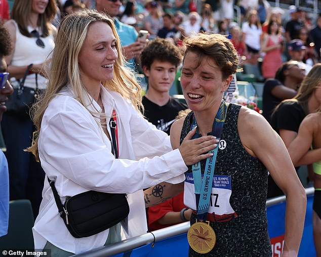 Emma Gee and Nikki Hiltz react after Hiltz won the women's 1500m final at the U.S. trials.