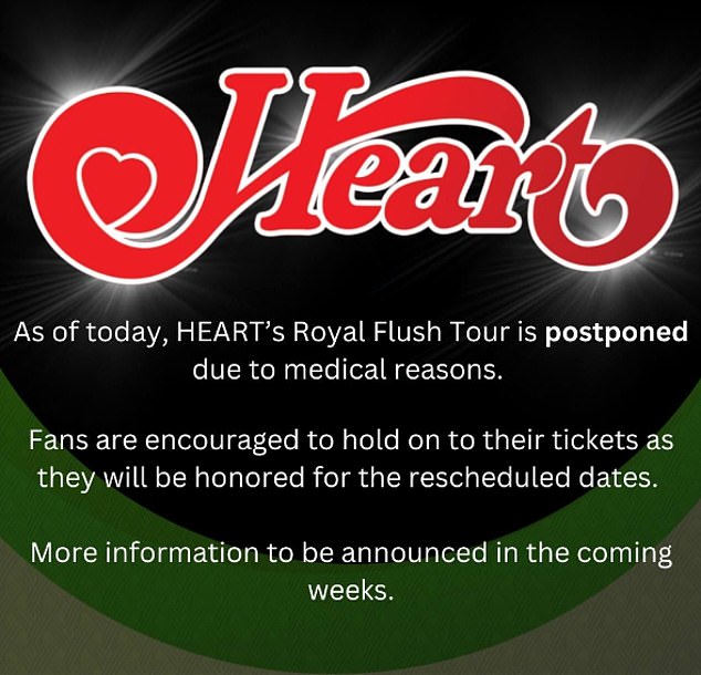 Heart's official Instagram page announced the postponement of the tour.