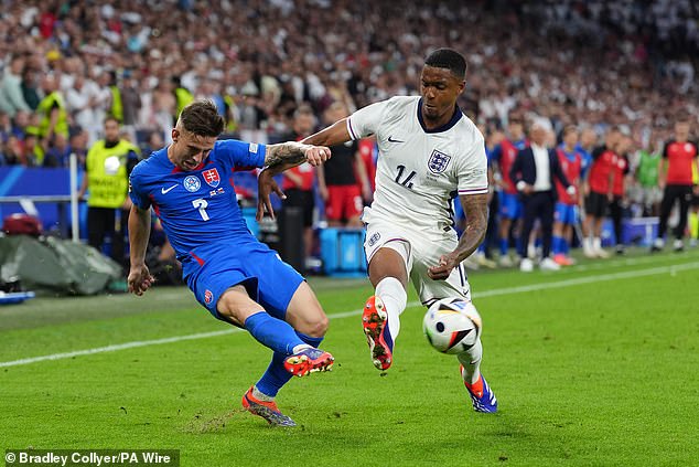 Ezri Konsa (right) made his first appearance at Euro 2024 in Sunday night's win over Slovakia.