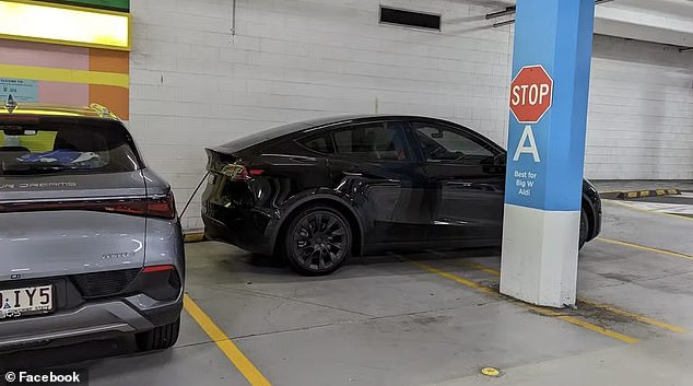 The BYD driver's selfish act and other similar incidents recently have raised questions about electric vehicle etiquette. Pictured: An electric vehicle parked in various spaces at a Queensland shopping centre in May