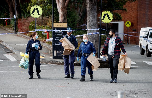 Paramedics attended the college at around 8.35am and took the student by ambulance to the Royal Prince Alfred Hospital (pictured, police take evidence from the scene)