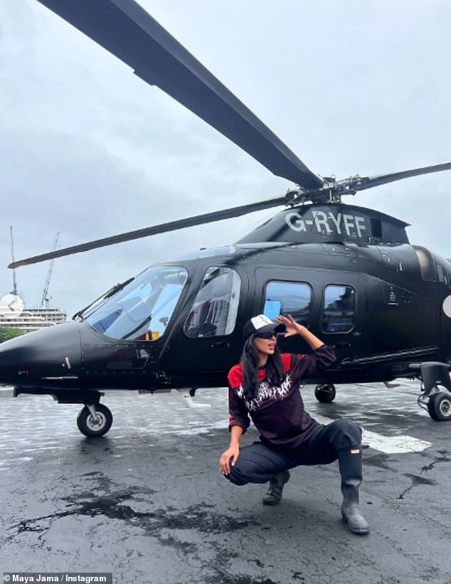 The luxury weekend began with a helicopter ride from London to Somerset to avoid the festival traffic, with one of Maya's snaps showing her posing with her vehicle.