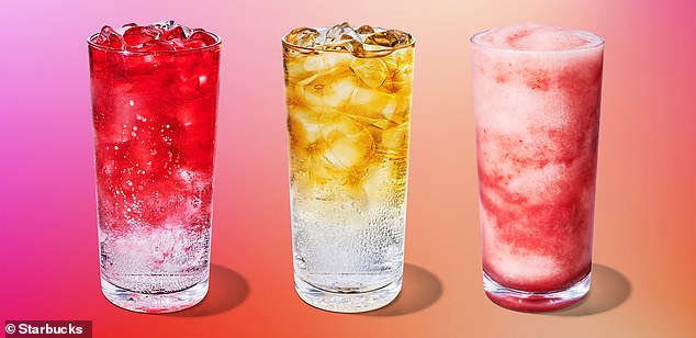 Pictured: Starbucks' newest flavors: Melon Burst Iced Energy, Tropical Citrus Iced Energy and Frozen Tropical Citrus Iced Energy with strawberry puree.