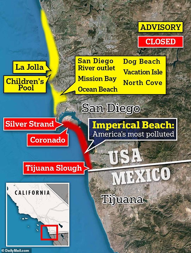 A map showing the 56-mile stretch of Southern California's beautiful coastline that is polluted.