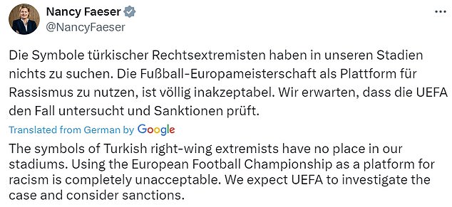 Nancy Faeser, German Minister of the Interior and Home Affairs, has called for a ban on UEFA