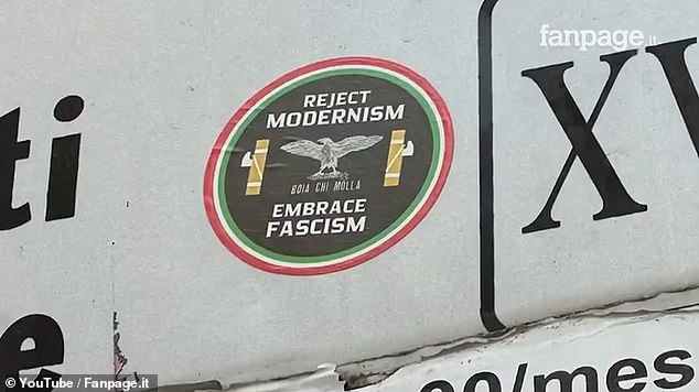 Fanpage said hidden camera footage showed members of the movement making fascist salutes, praising Benito Mussolini, defining themselves as fascists and instructing others to spread stickers with fascist slogans (pictured)