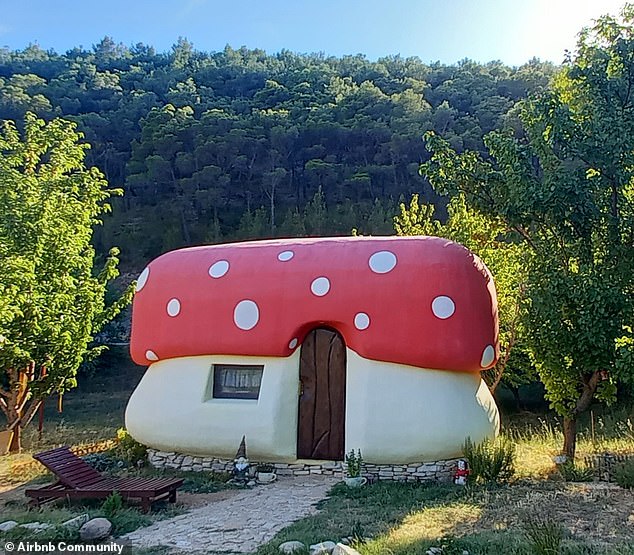 The mushroom house (above) offers two bedrooms: one with a queen-size bed and one with three mattresses on the floor.