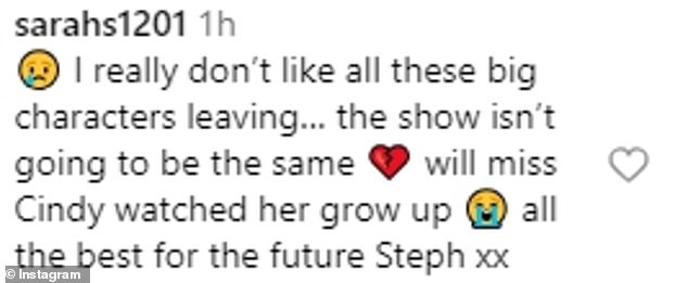 Emotional fans in the comments of the post shared their own sweet farewell messages to Stephanie's character, Cindy.