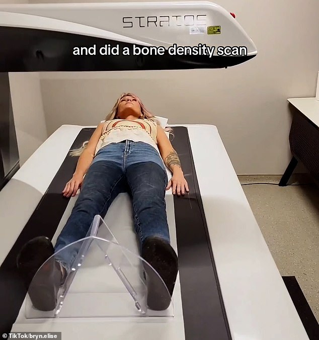 The 29-year-old influencer also had a bone density scan performed on a high-tech machine.