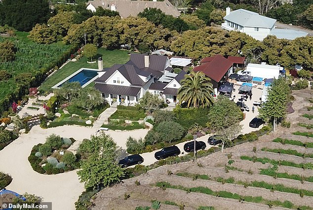 Production trucks and tents lined the entrance to the $5 million property located on eight acres of avocado and lemon groves in a gated community in Montecito.