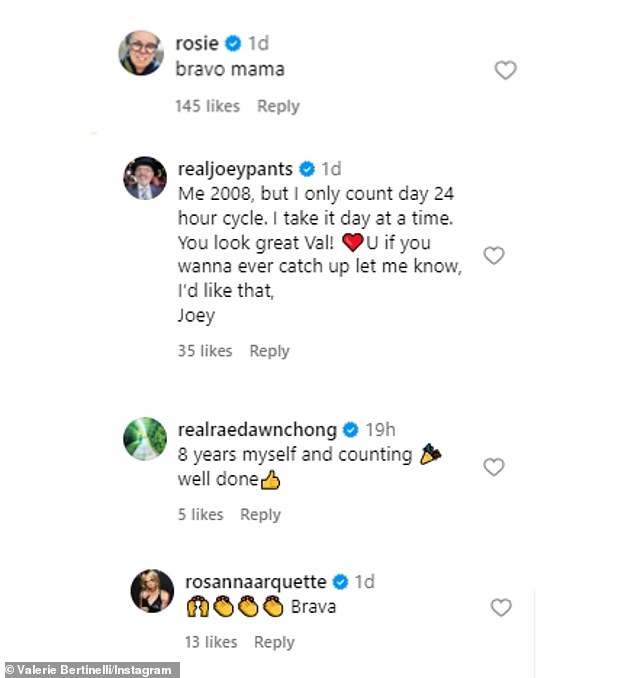 The two-time Daytime Emmy Award winner also received congratulatory comments for her post about sobriety from Rosie O'Donnell, Joe Pantoliano, Rosanna Arquette and Rae Dawn Chung.