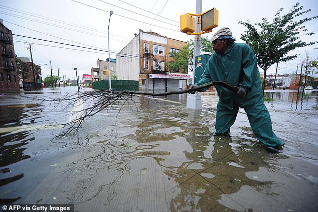 New York City is one of the major metropolises at risk of sewage flooding because the pipes, built in the mid-1850s, were not designed to withstand rainfall exceeding 1.7 inches (4.4 cm) per hour. Pictured: A man tries to unclog a sewer grate after Hurricane Irene hit Coney Island in 2011.