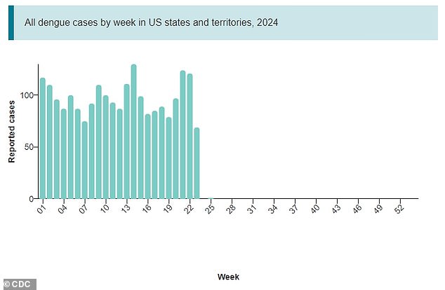 The above shows the weekly number of dengue cases in the US.