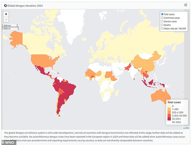 The above shows approximate cases of dengue in countries around the world.