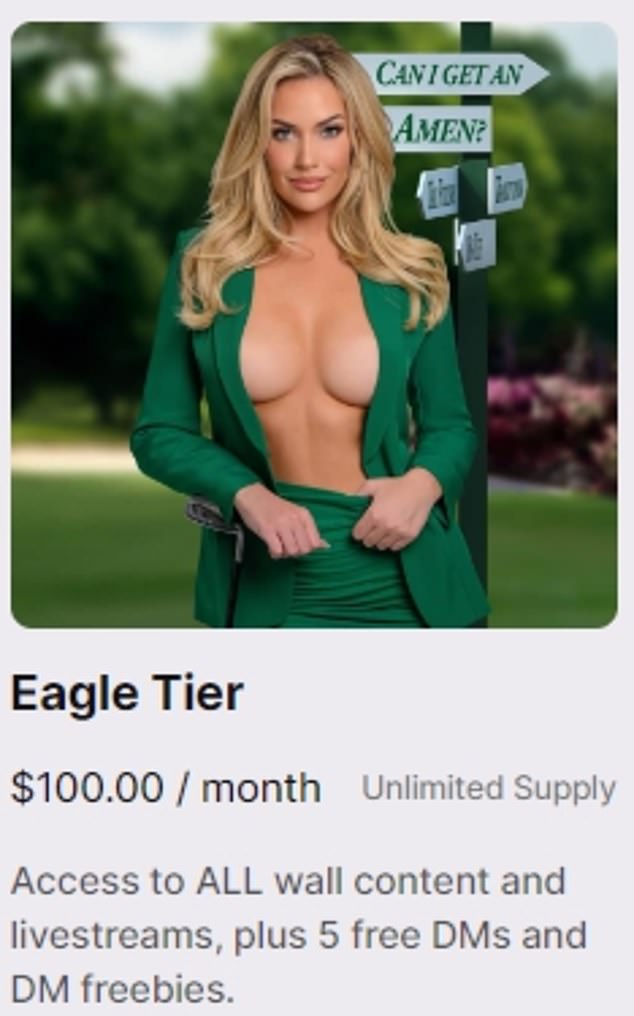 The glamorous golfer's subscription options include the 'Eagle Tier' for $100 a month