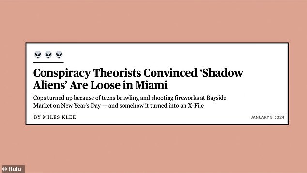 A headline referring to the strange incident in Miami where people believe 'alien shadows' were caught on camera.