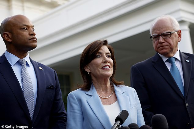 New York Democratic Governor Kathy Hochul (center) offered unanimous support to the ailing 81-year-old president after the meeting, but other politicians present say she had no right to do so.