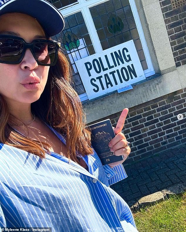 Presenter and singer Myleene, 49, shared a snap of herself heading to vote with her passport as she urged her followers to 