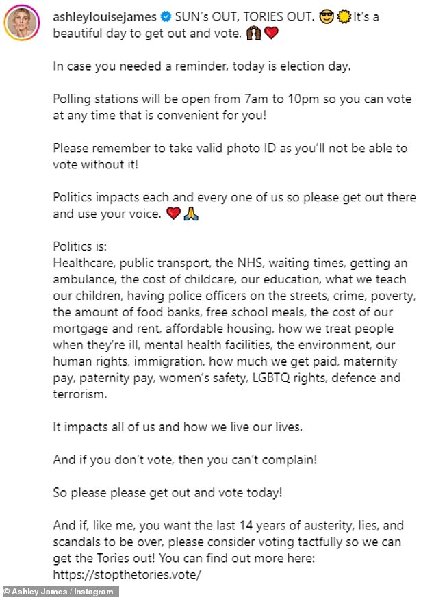 Former Made In Chelsea star Ashley James took her daughter to the polling station as she urged her followers to vote against the Conservatives in an impassioned post.