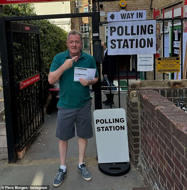 Journalist Piers, 59, also headed out to cast his vote as he posed outside the polling station in a T-shirt and shorts.