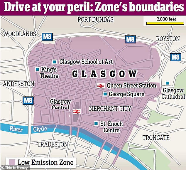 This map shows the size of Glasgow's LEZ, which covers the city centre from the M8 motorway to the north and west and the River Clyde to the south.