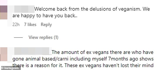 Anti-vegan comments among responses to couple's conversion to eating meat again